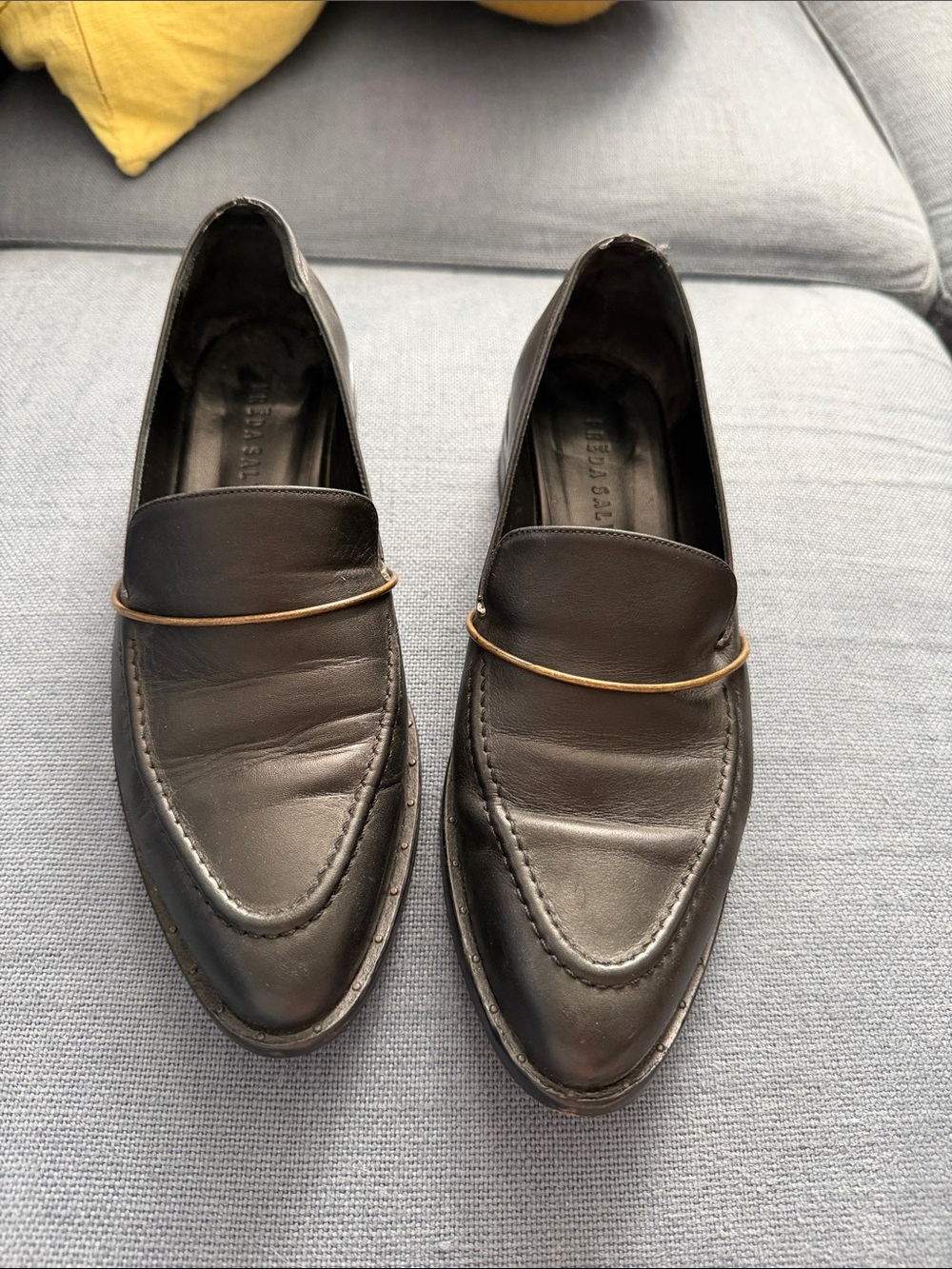 Freda Salvador Black Leather Loafers with Gold Bar